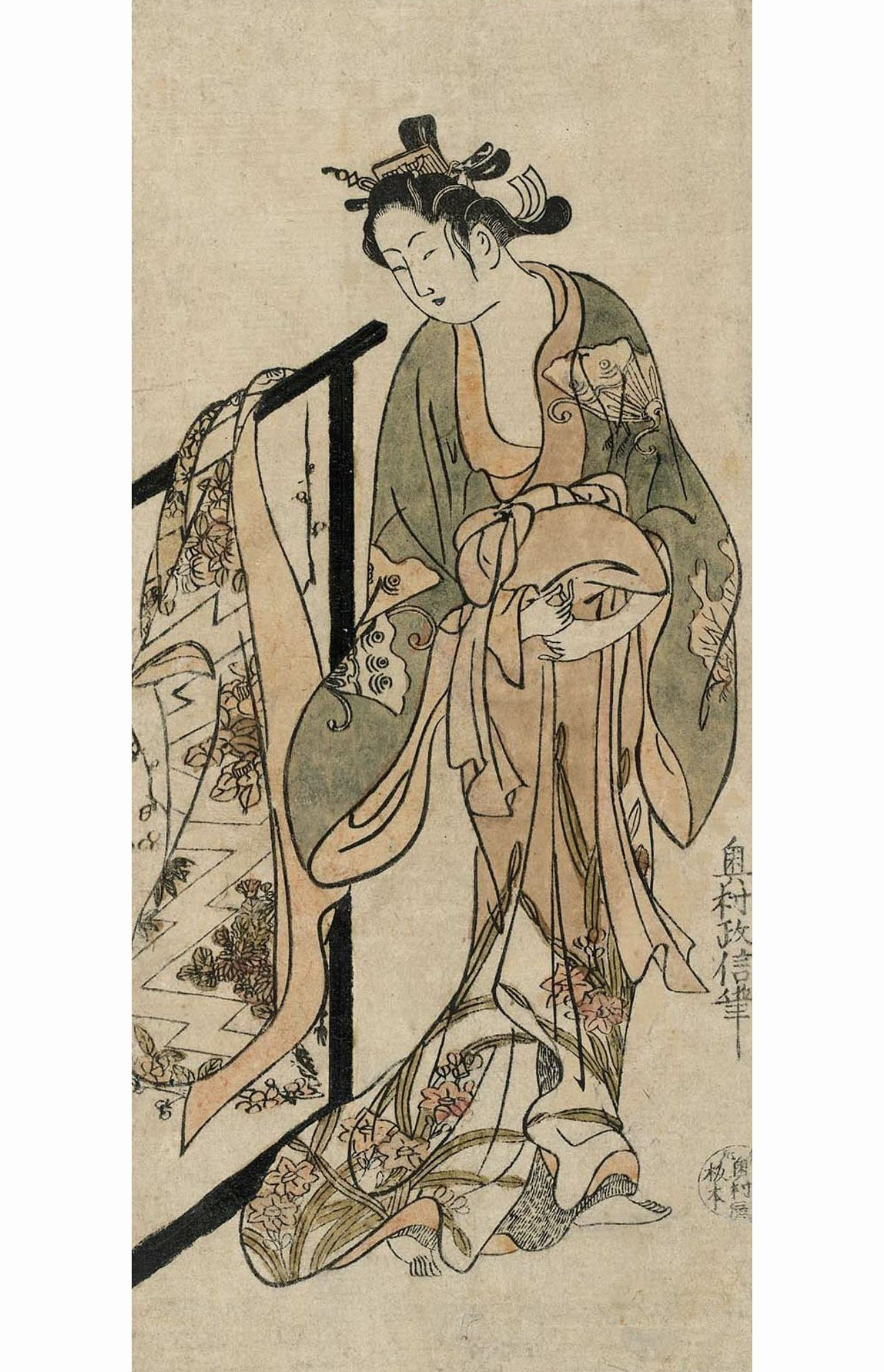 Окумура Масанобу. "Женщина у стойки с перекинутым через неё кимоно".